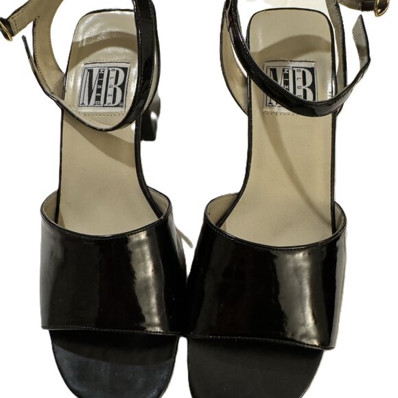 Vintage Mixed Blues Black Patent Leather Low Block Heel Sandals - Picture 1 of 10
